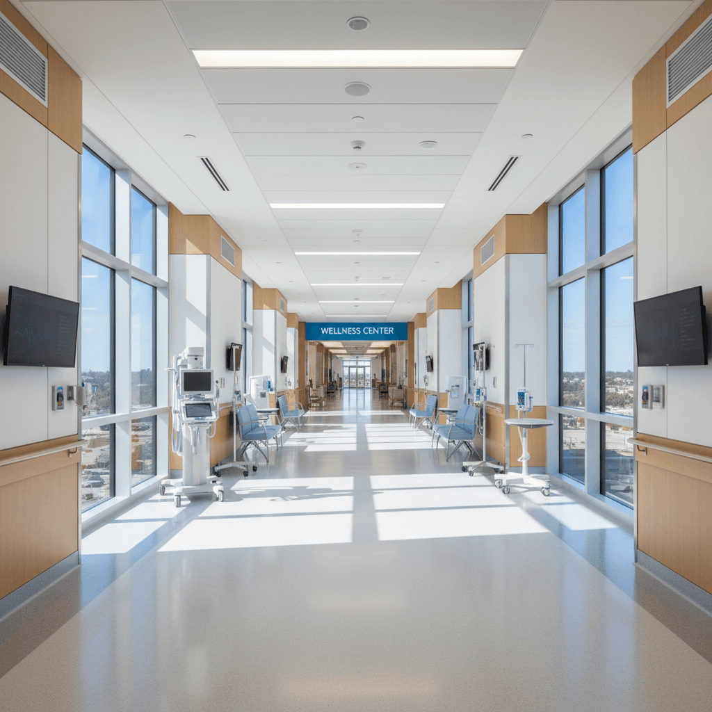Modern hospital interior with bright natural light and clean professional medical facility