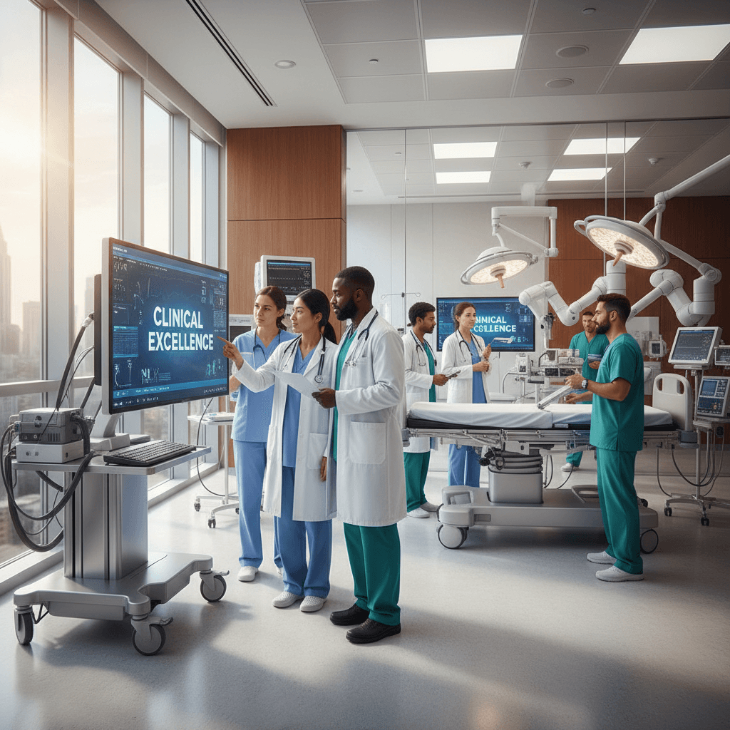 Medical team working together in professional hospital environment with modern equipment