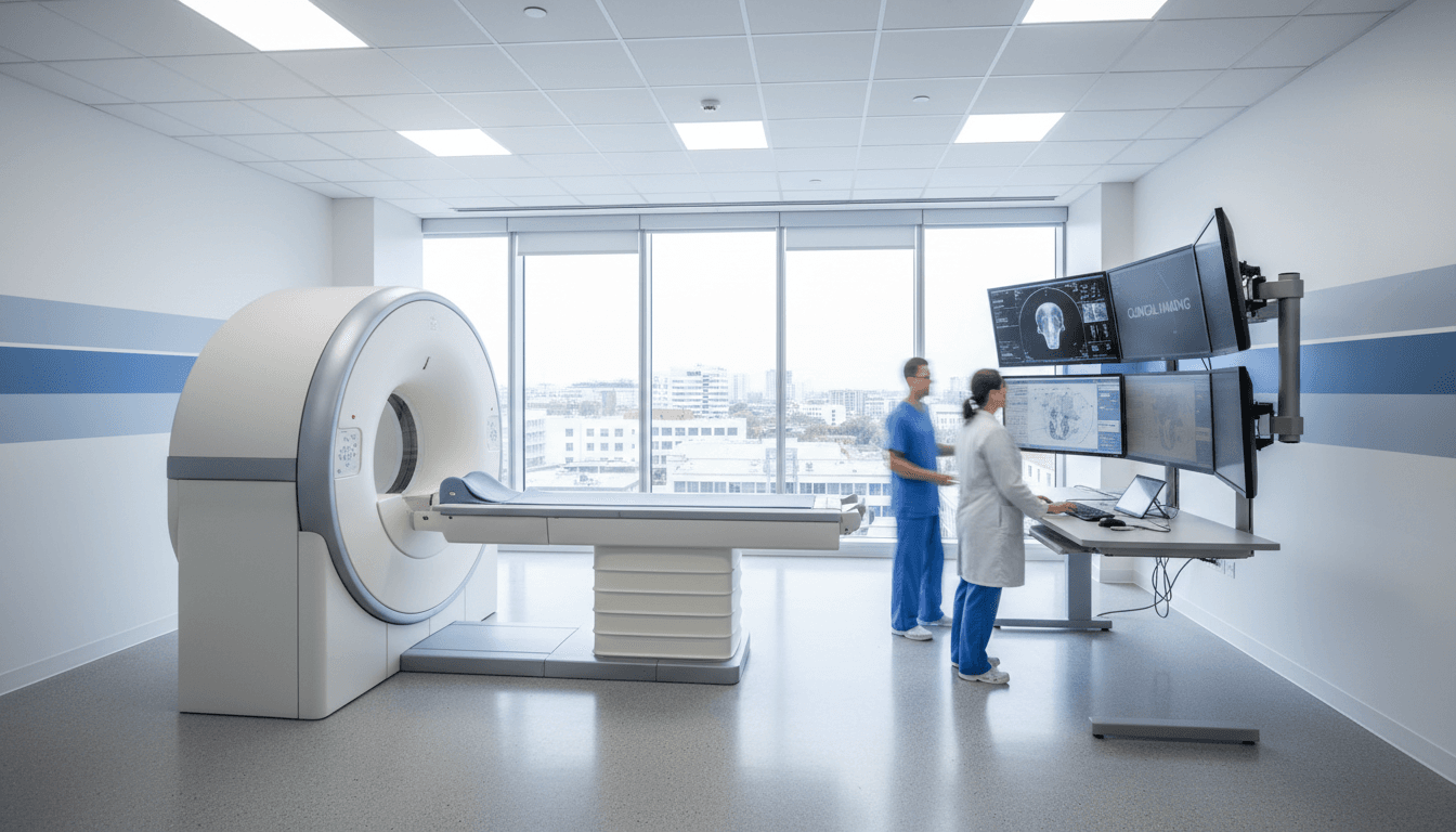 Advanced CT scanner machine in bright modern hospital radiology room