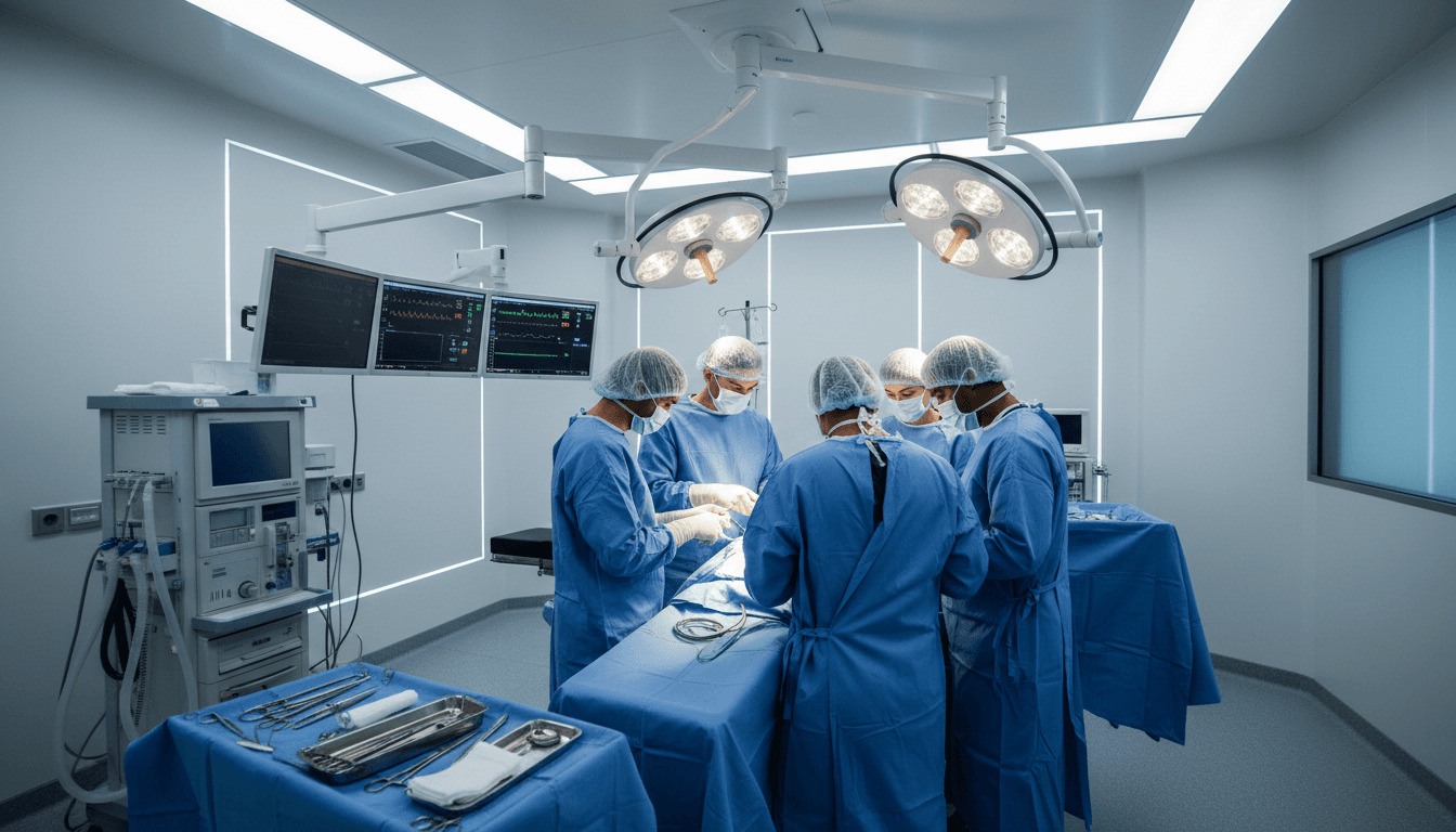 Surgical operating room with overhead lights and modern surgical equipment