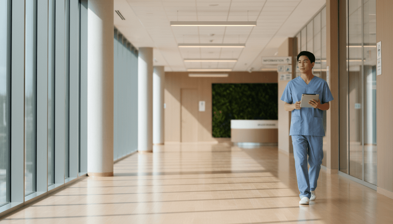 Healthcare professional in modern hospital corridor with bright natural lighting